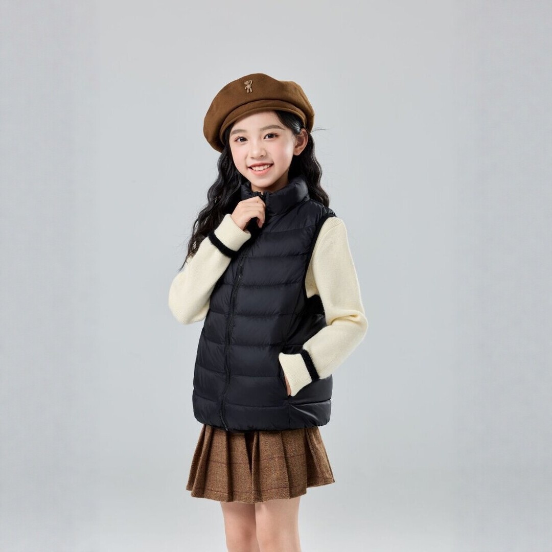 Children's lightweight and warm down vest with stand-up collar, new autumn and winter model for boys and girls, 90% down, solid color jacket