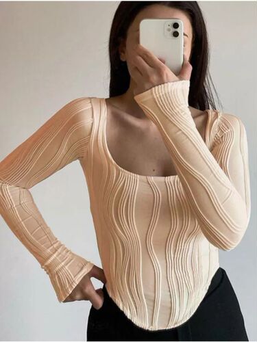 Autumn New French-Style Design Pleated U-Neck Simple Solid Color Slim Fit Long-Sleeve Top for Women
