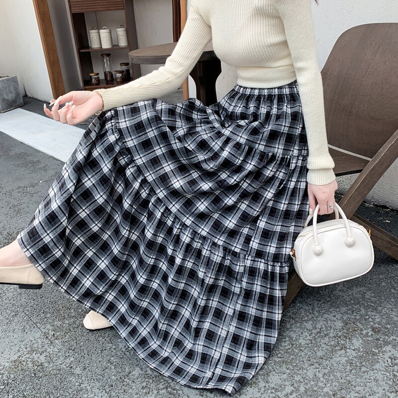 2025咖色格子中长款半身裙秋冬高级感复古文艺拼接蛋糕a字裙女|undefined
