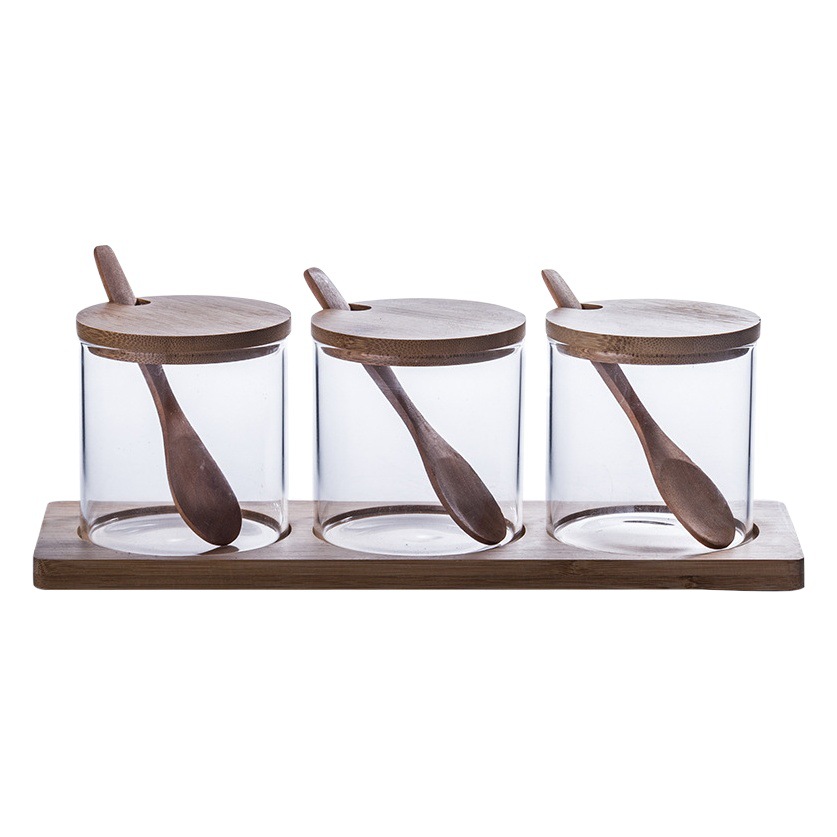 Fábrica al por mayor tarro de condimento de vidrio borosilicato traje fregona de bambú con cuchara frasco de condimento de esencia de pollo combinación creativa caja de condimento
