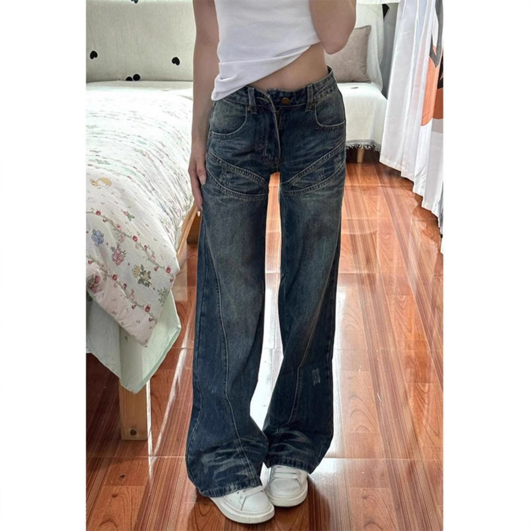 Jean rétro patchwork évasé pour femme, pantalon taille basse à jambes larges, jean décontracté polyvalent longueur sol pour le printemps et l'automne_voghion.com