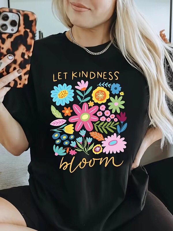 Let Kindness Flourish T-Shirt Is a Kind-Hearted Retro Floral T-Shirt with Aesthetic Print for Women, Summer Casual Women's Clothing, European and American Style
