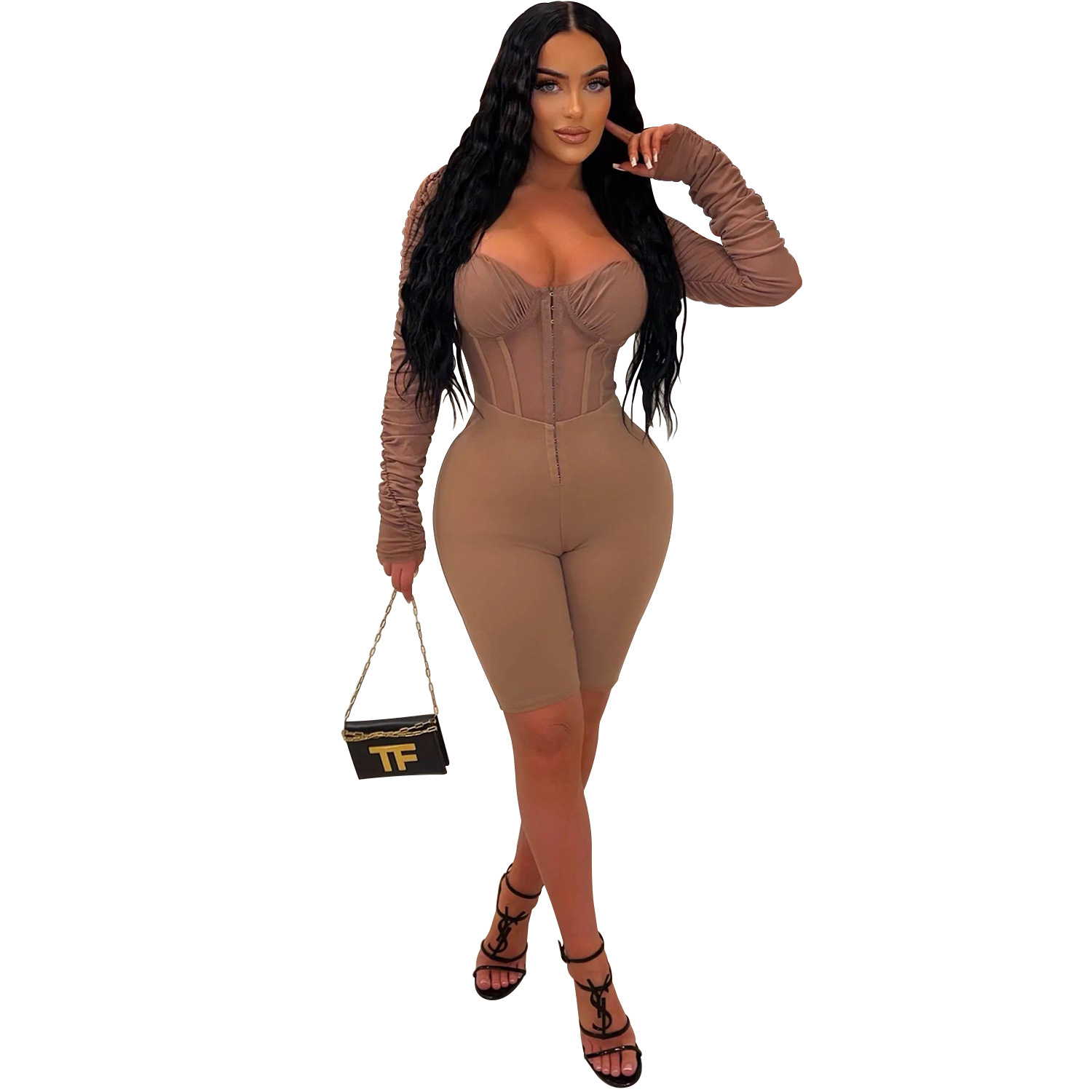 X6121 transfronteriza AliExpress Amazon europeo y americano de la moda de las mujeres de color sólido de manga larga pantalones cortos de malla perspectiva mono