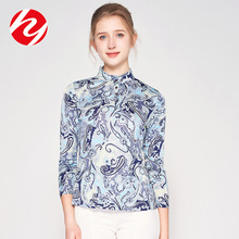 华业真丝立领长袖女士T恤宽松大码印花桑蚕丝套头上衣中老年女装