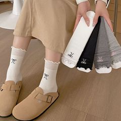 Straight Edge Ruffle Big Bowknot Socks for Women Girls Ins Korean Style Pile Socks Solid Color Versatile Spring and Autumn Simple Socks 