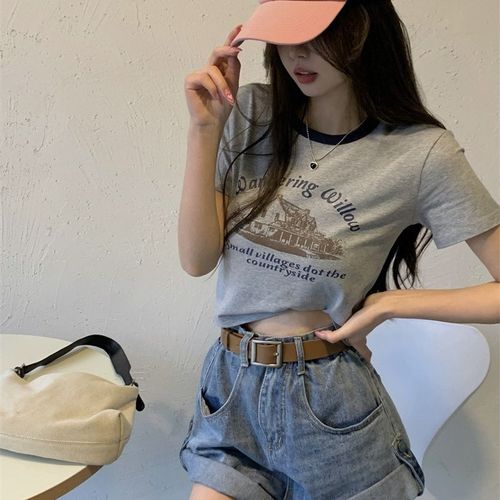 American Retro Print Short Sleeve T-Shirt Women's Contrast Color Round Neck Bottoming Shirt 2024 Summer Hot Girl Short Student Top