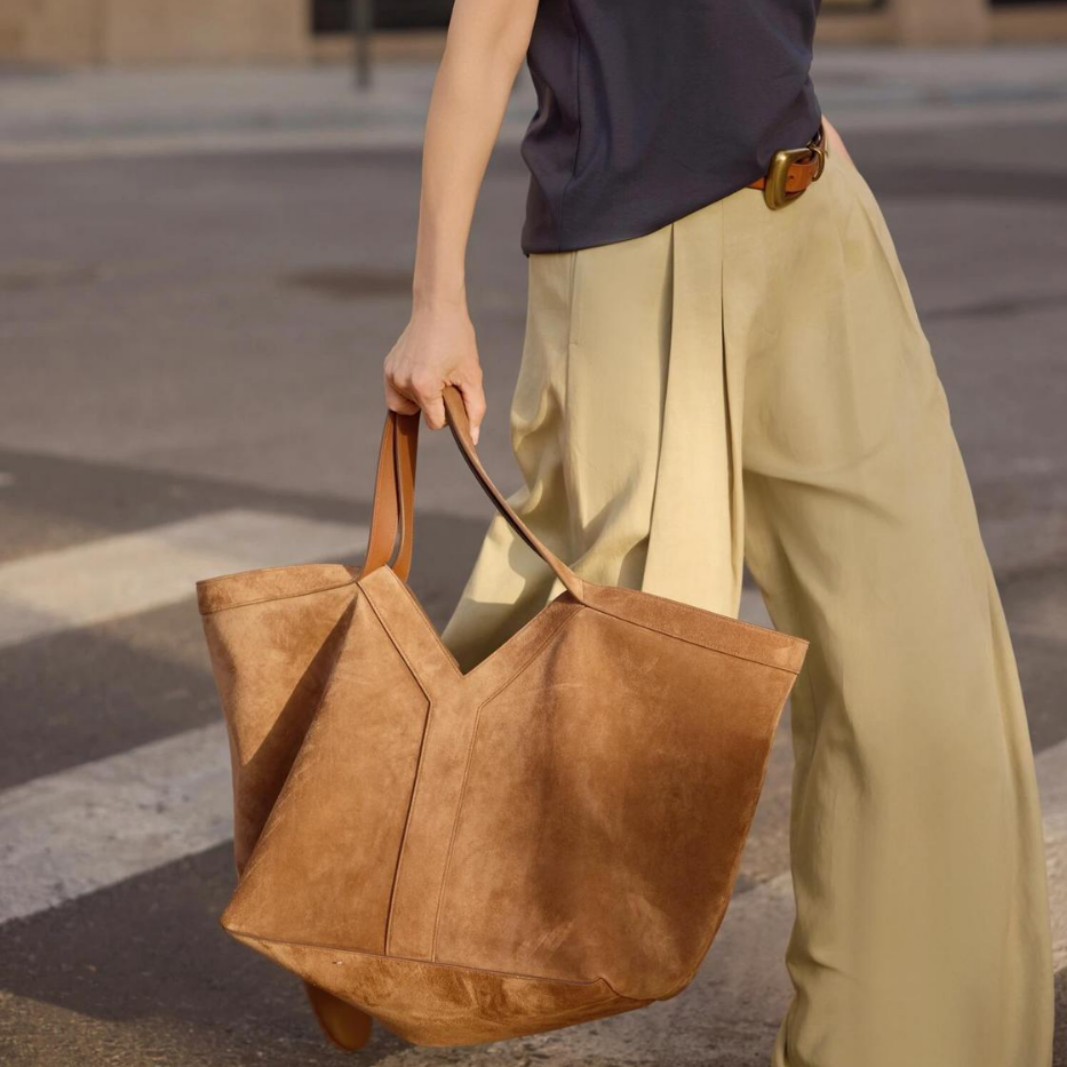 圣罗家松弛感麂皮绒托特包女大容量单肩手提通勤真皮包时尚购物袋