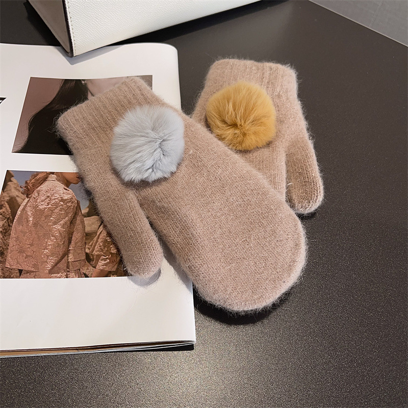 Gants en laine à cinq doigts pour femmes en laine à boules de poils, nouveaux modèles d'automne et d'hiver en cachemire à écran tactile, empilés et épaissis_voghion.com