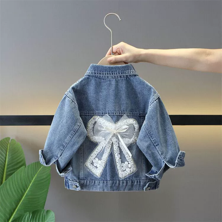 Denim autumn children's jacket with bow, Korean style