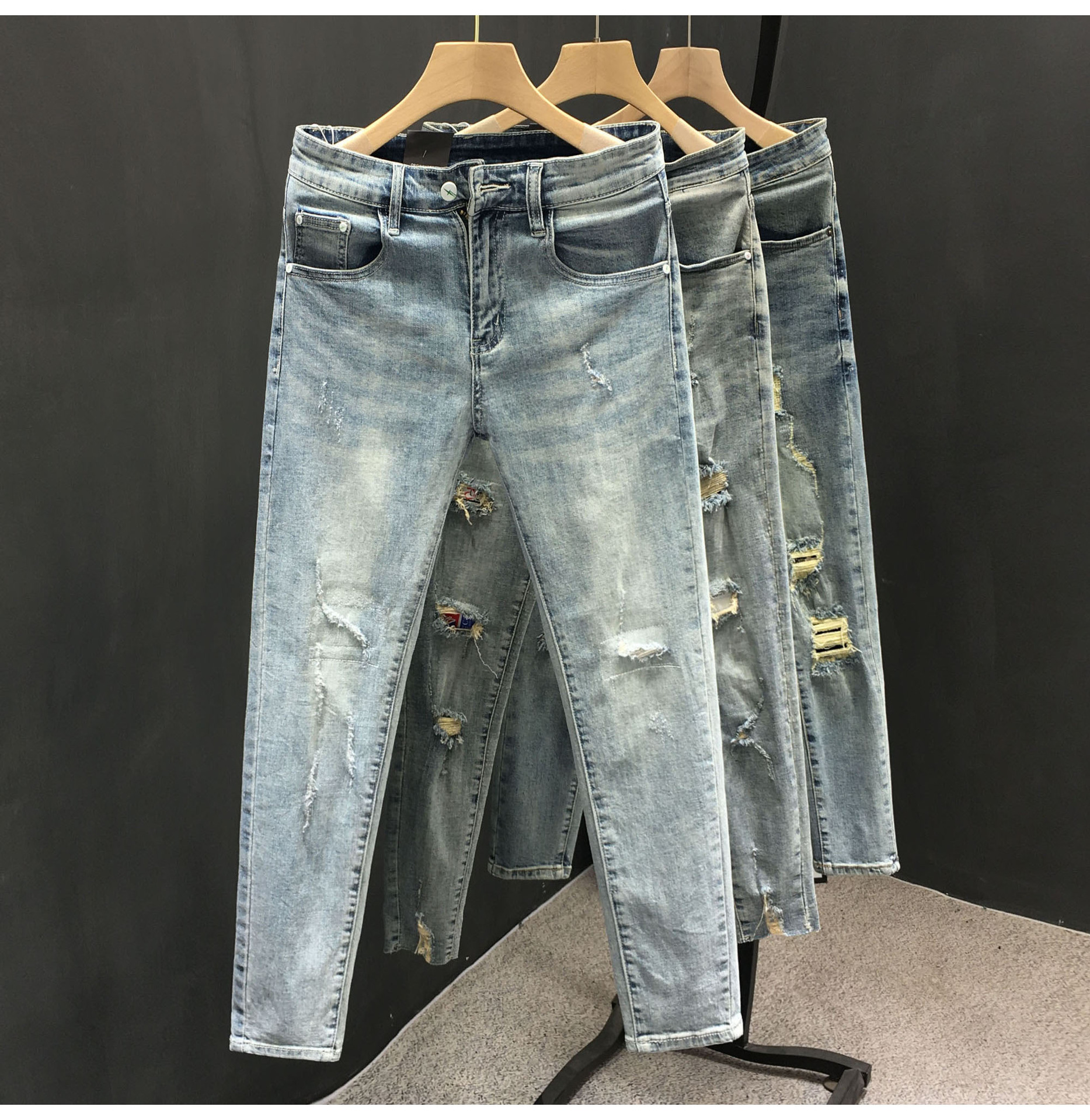 Men's Clothing Summer heavy wash retro distressed ripped jeans men's trendy brand handsome scraped slim fit skinny nine point pants_voghion.com