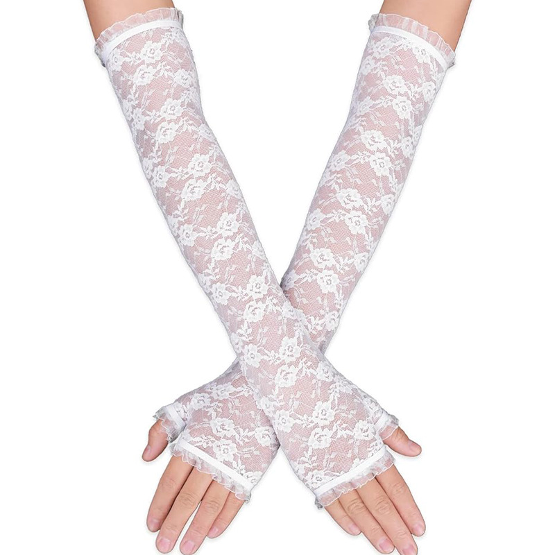 Guantes de 45cm para mujer, guantes largos de encaje, elegantes guantes de encaje sin dedos, guantes de conducción al aire libre con protección solar