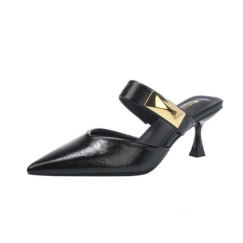 2026 nuevo tipo de verano con botón de tacones delgados zapatillas de tacones altos de punta de mujer zapatillas de cabeza de paquete de mitad de tamaño universal