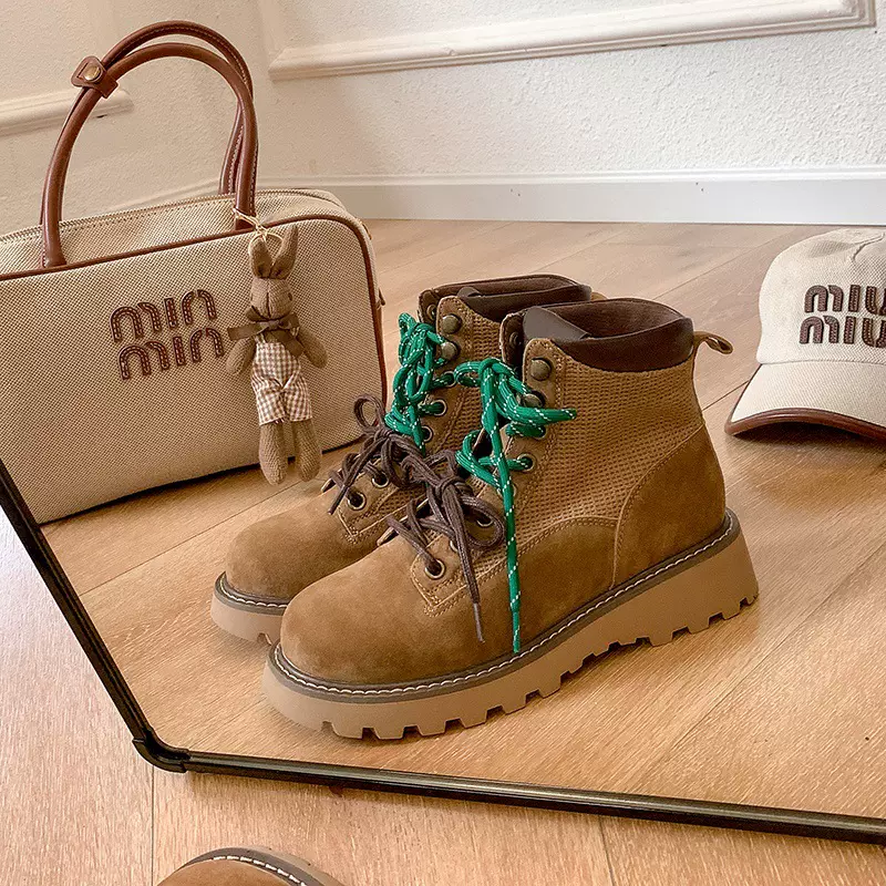 葡萄妈真皮版~阿miu家马丁靴女英伦风时髦双鞋带圆头厚底经典短靴