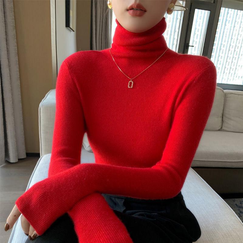 Red pile collar sweater women's inner slim-fit long-sleeved sweater slim-fit autumn and winter turtleneck bottoming shirt mid-collar knitted Red pile collar sweater women's inner slim-fit long-sleeved sweater slim-fit autumn and winter turtleneck bottoming shirt mid-collar knitted