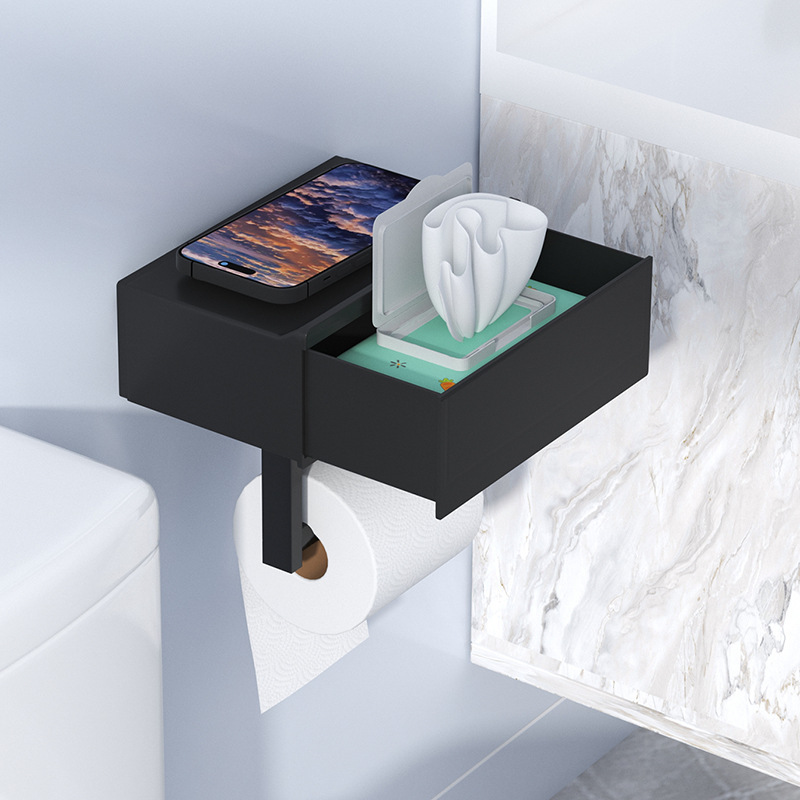 Bathroom Wall-Mounted Drawer-Type Tissue Box Punch-Free Roll Paper Holder with Storage Box Bathroom Toilet Multi-Functional Tissue Box