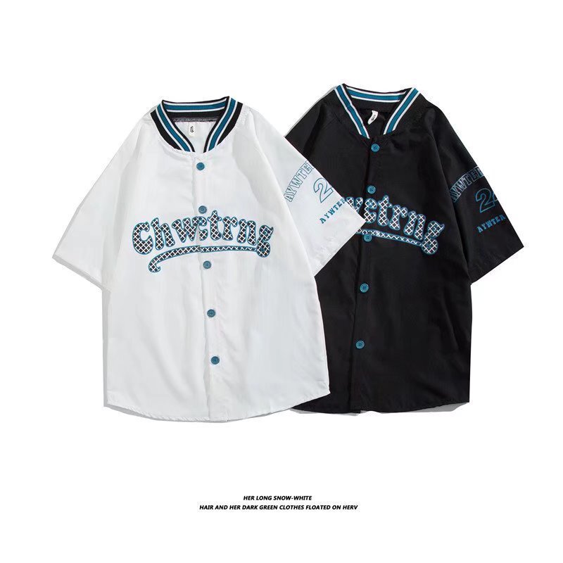 Workwear shirt hip hop t summer loose American baseball collar ins couple fashion brand men's and women's bf short sleeve top