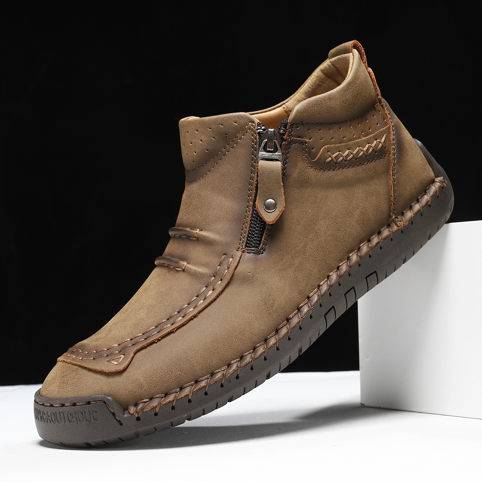 Plus-Size Men's Shoes Outdoor Casual Shoes Flat Handmade Stitched Shoes Zipper Martin Boots Short Boots 830_vogvips.com