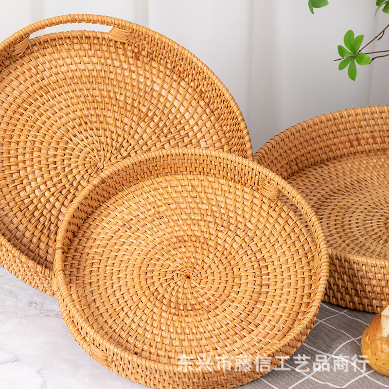 Vietnam tejido a mano de ratán paja bandeja de frutas cesta de frutas bandeja de té mango redondo creativo cesta de almacenamiento sala de estar