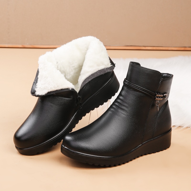 Mother Boots Warm Fleece-lined Flat Non-slip Women's Shoes Women's Winter Middle-aged and Elderly Boots Fleece Cotton Shoes Flat Heel