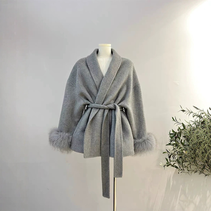 2024 New Fox Fur Double-sided Wool Coat Women's Short Coat Women's Elegant Bathrobe Double-sided Wool Coat