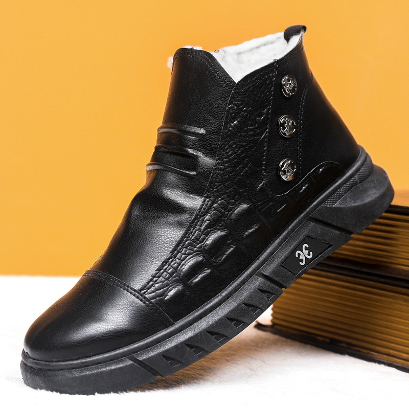 Boots New Men's Shoes Crocodile Pattern Embossed Thick-Soled Short Boots Single Cotton Optional Fleece-Lined Thickeneded Warm Cotton Snow Boots