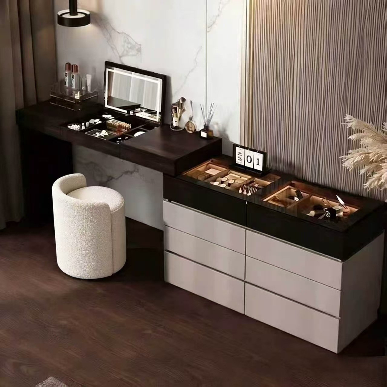 Solid Wood Italian Smart Dressing Table and Cupboard Integrated Jewelry Cabinet Bedroom Bedside Storage Cabinet Flip-Top Dressing Table