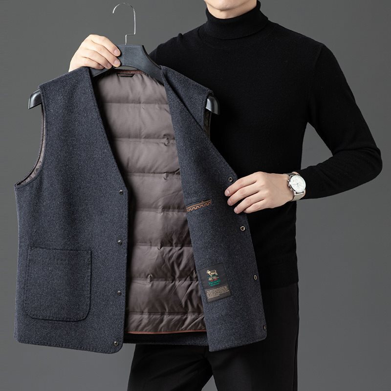 Men's Double-sided Tweed Down Vest 2024 New Wool Woolen Dad V-neck Business Warm Vest for Men