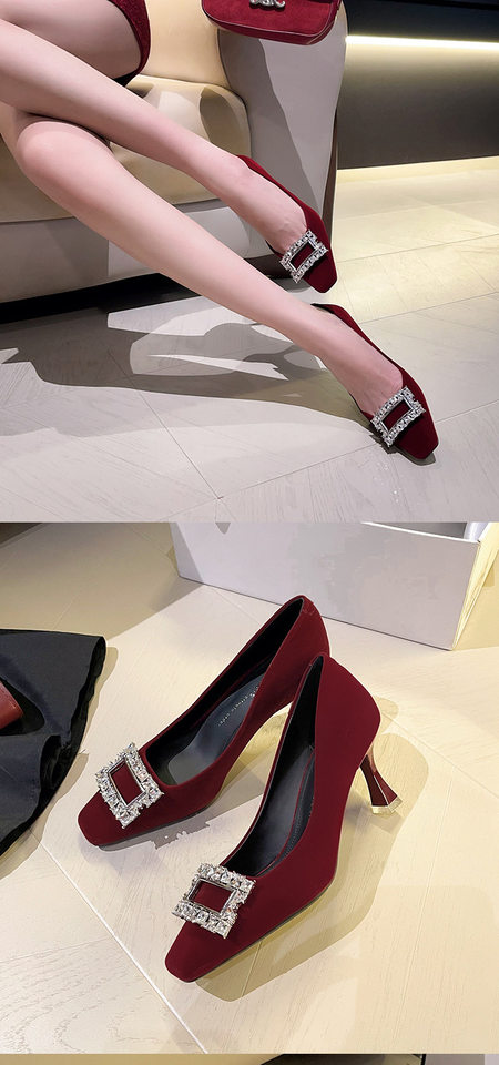 Giày cao gót nữ mũi vuông đính đá khóa vuông gót 6–8 cm — màu đỏ, đen chi tiết 7