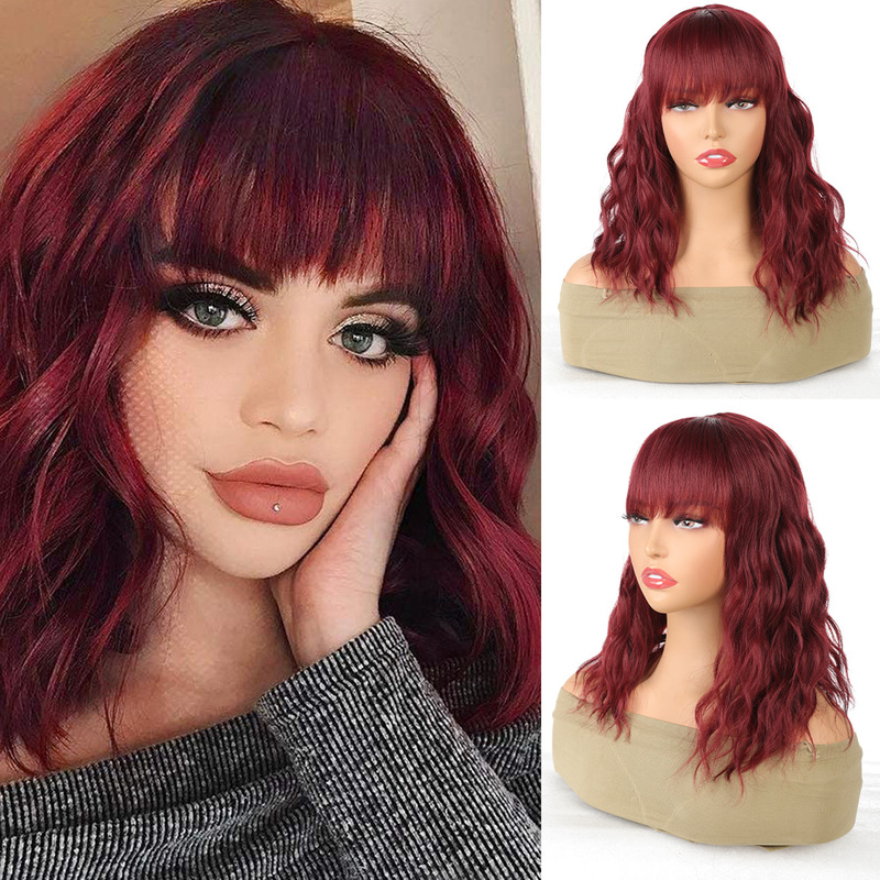 Foreign trade color short curly wig air bangs wig curly pink color wave head wig color clothing wig wholesale