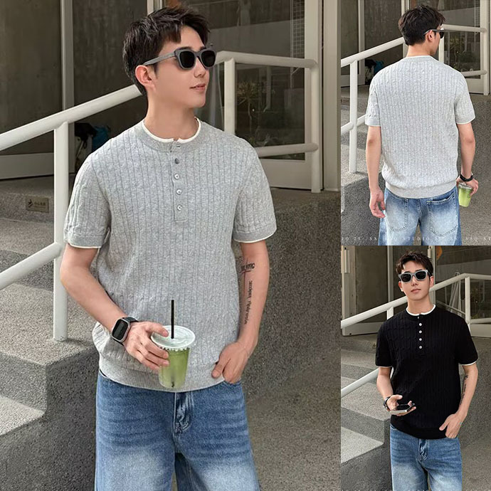 Camiseta de punto de manga corta camiseta hombre estriado textural agujero viejo viento de hielo seda fábrica transfronteriza al por mayor