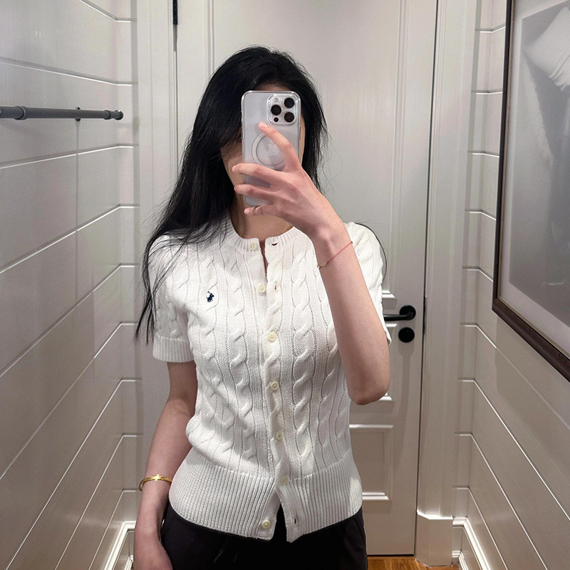 RL Raff Knitted Short-sleeved T-shirt Summer Classic Pony Mark Embroidered Twist Slimming Cotton Knitted Cardigan Top for Women