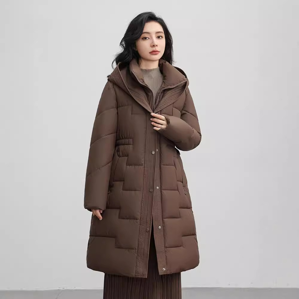 Estación europea con capuchón de algodón de pluma para mujeres 2024 ropa de invierno nuevo tipo de cuerpo más largo de la rodilla abrigo de marea caliente image 4