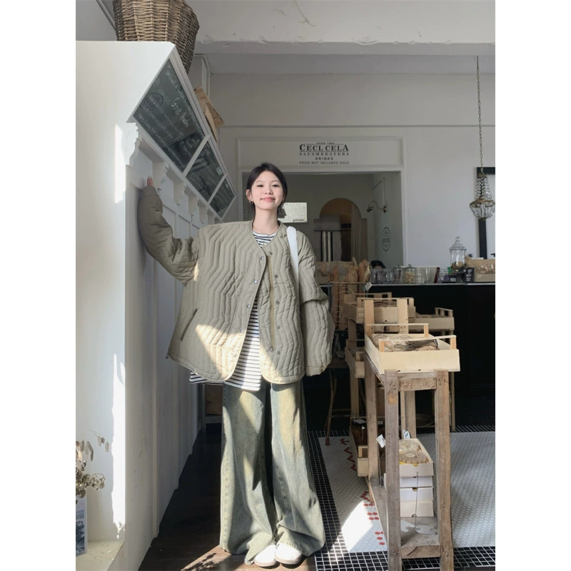 Реально цена осенняя и зимняя одежда из хлопчатобумажной одежды женский круглый воротник свободный ленивый ветер сплошной плиссированный пиджак