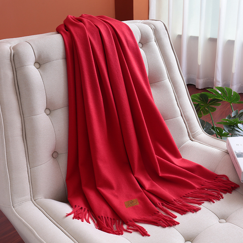 Warm Big Red Scarf Solid Color Cashmere Thickened Long Shawl Red Wool Printed Scarf Gift Wholesale
