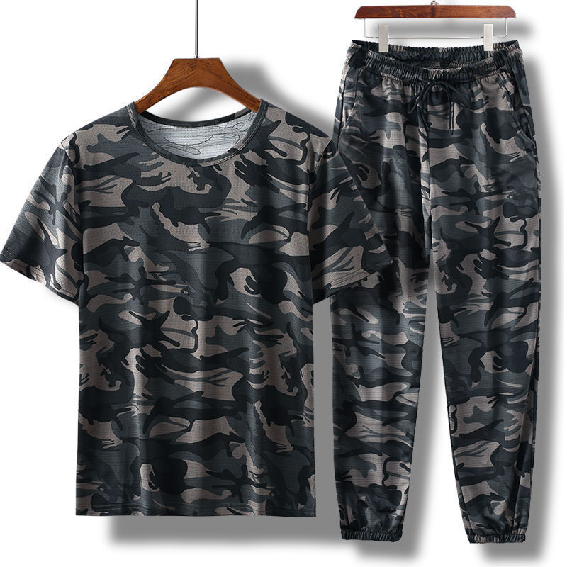 Medias mangas para hombres de verano nuevo tipo delgado camuflaje para hombres elástico arroz ocio suelto set de algodón transpirable camiseta para hombres