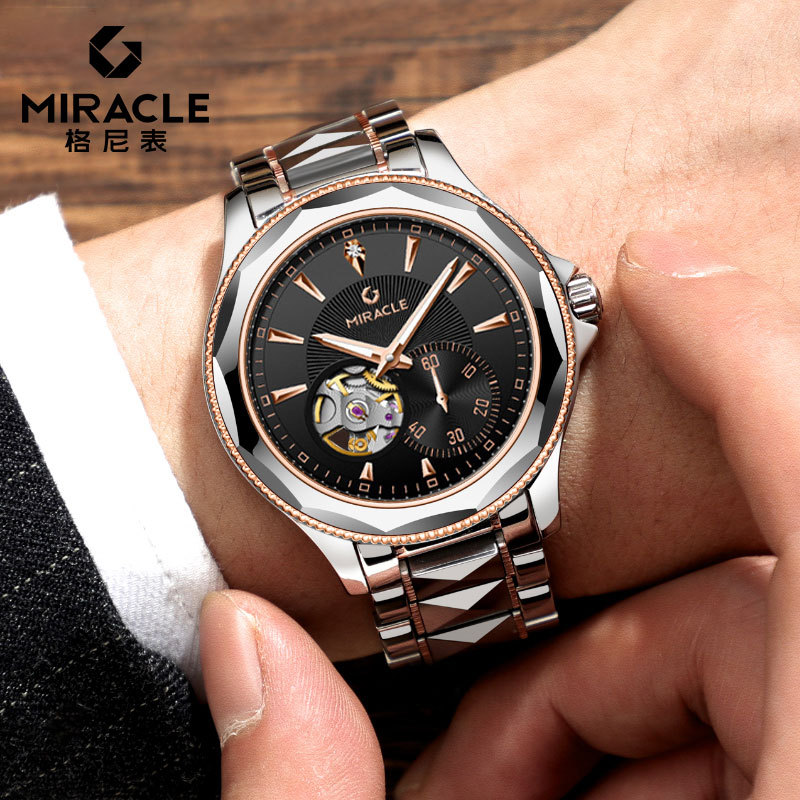 Đồng hồ nam automatic lộ máy dây thép không gỉ mặt số đen — Thắt lưng thép hoa hồng 9018 hình tròn màu đen