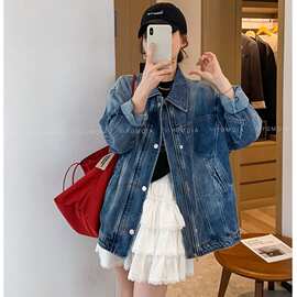 早秋新款爱情鱼蓝色水洗牛仔外套女春季新款中长款宽松高级感2026