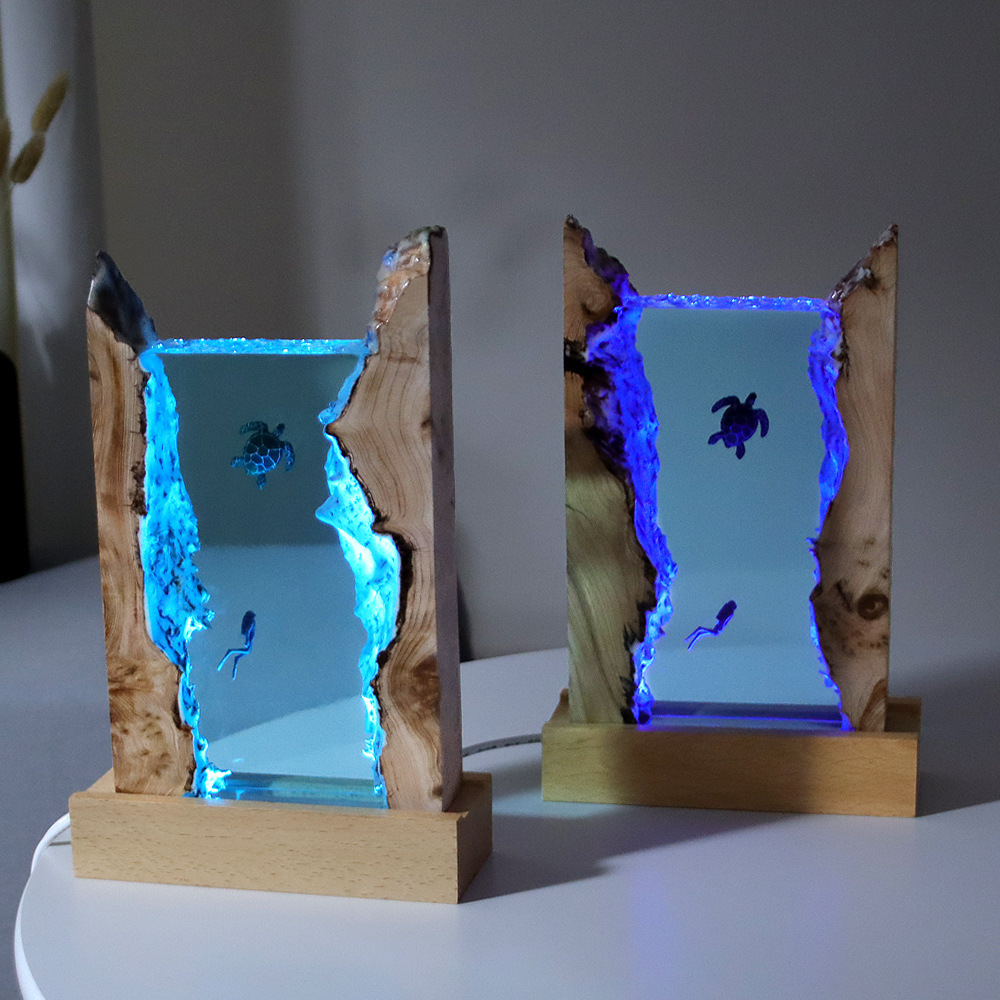 Ocean Cave Diver Home Desktop Ornament Lamp Holder Solid Wood Resin Night Light Gift Decoration Creative Lighting