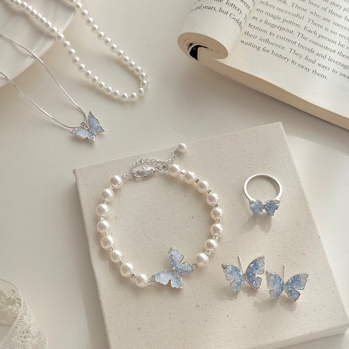 【Butterfly Girl】Niuniversal Градиентный синий кристальный набор бабочка, нежный и универсальный, холодное исцеление, полный комплект