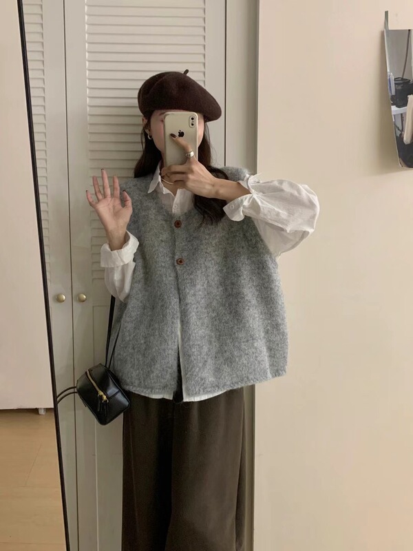 针织马甲开衫女秋冬季新款背心韩系简约复古软糯宽松叠穿毛衣坎肩|undefined