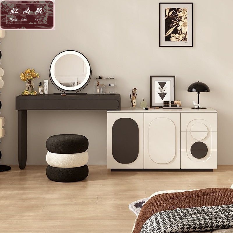 Storage Chest of Drawers, Solid Wood Dressing Table, Integrated Bedroom, Black and White Contrasting Design, Extendable and Movable, Cream Style
