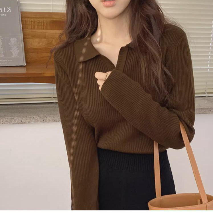 polo衫2022新款初秋上衣长袖外穿高级感韩版显瘦杏色针织衫女春秋