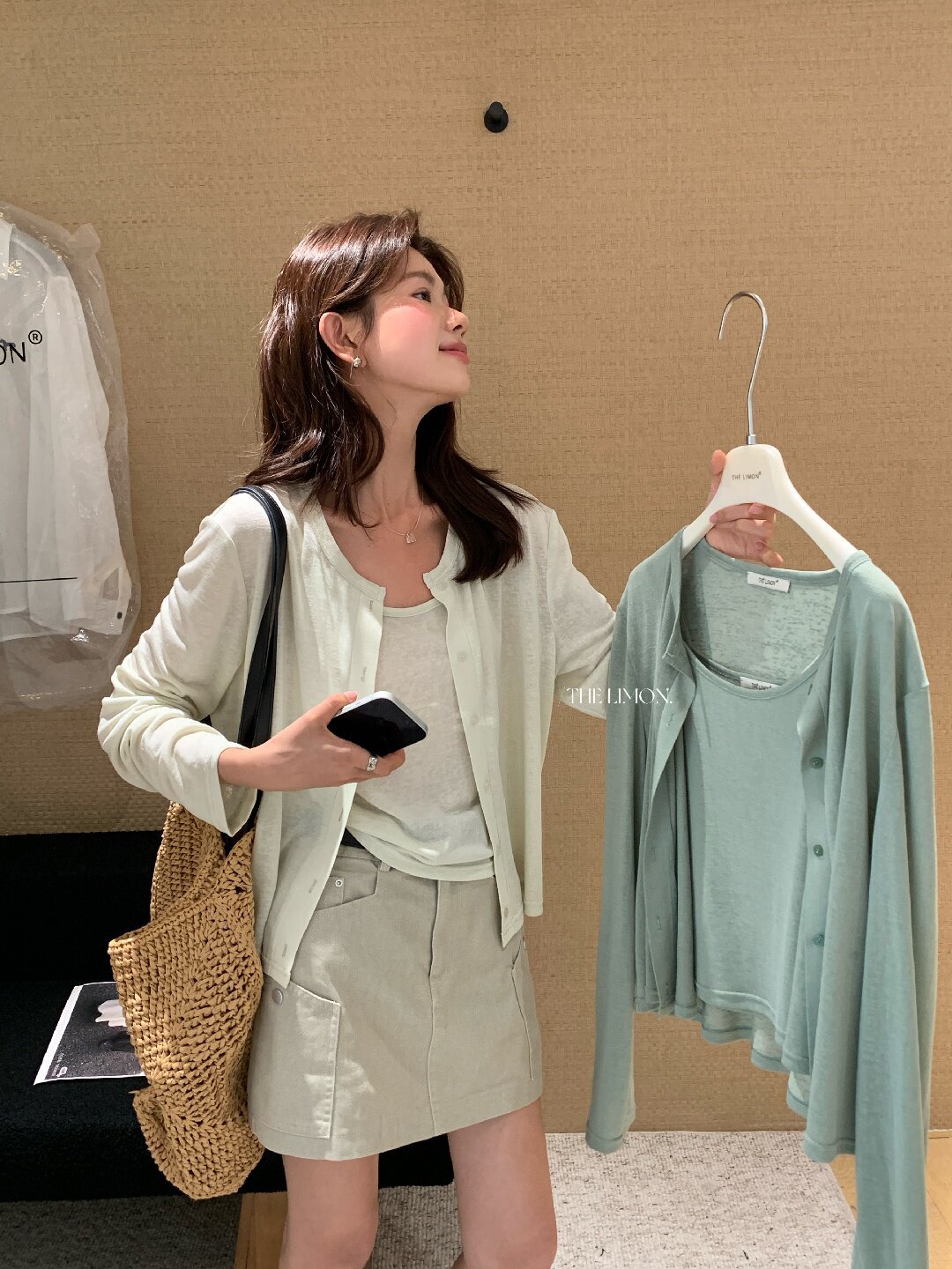 Bộ cardigan len mỏng kèm áo hai dây hai mảnh nữ mùa hè — Xám cacbon, xanh lam, màu hồng, Đậu xanh chi tiết 28