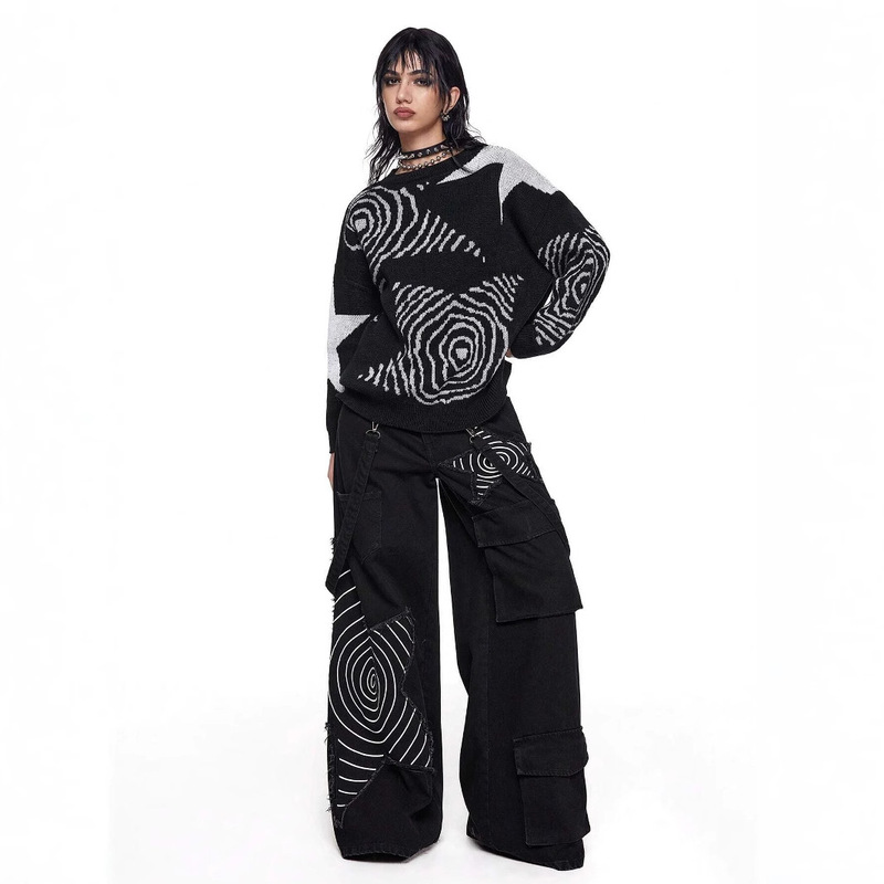 Amazon new cross-border personality street star jacquard color round neck long sleeve knitted sweater wholesale Amazon new cross-border personality street star jacquard color round neck long sleeve knitted sweater wholesale