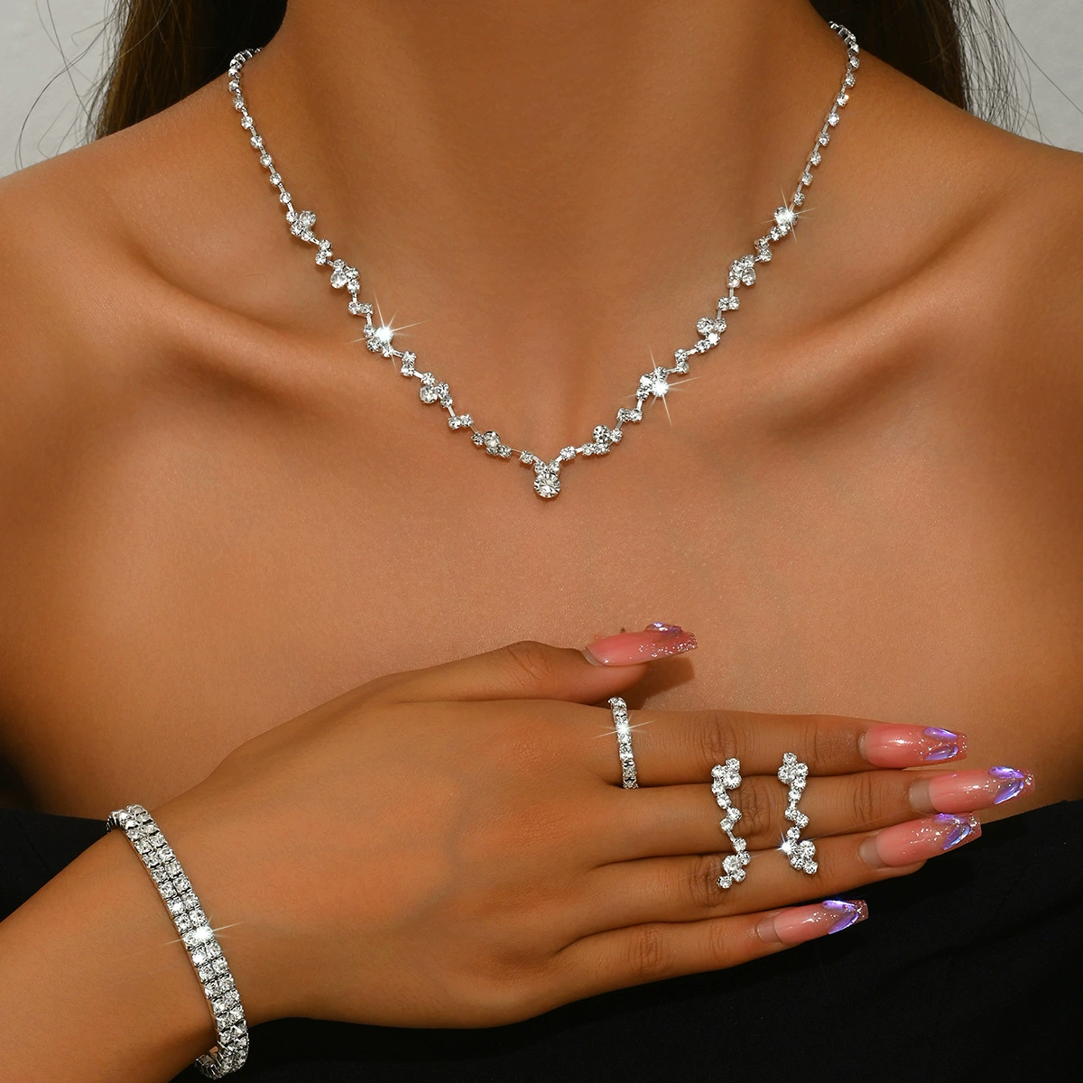 Sophisticated necklace and earrings, bracelet, set, chain for key bag , dress, accessory, simple and elegant design, 3 piece set, diamond encrusted