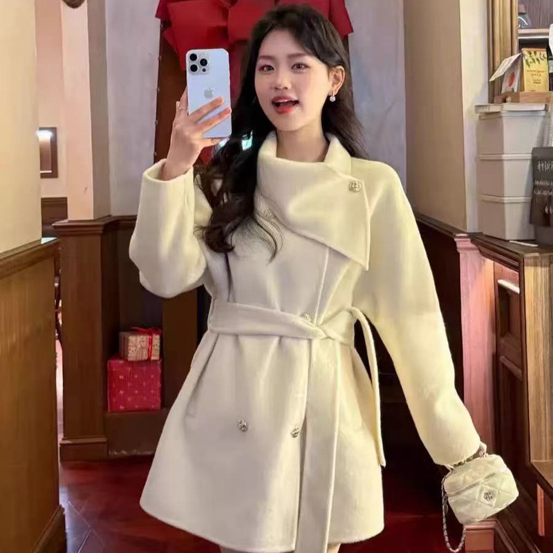 Korean Style Wool Outwear for Women 2025 Autumn and Winter Korean Style Mid-Length Double-Sided Woolen Outwear with Scarf Collar and Lace-Up Woolen Outwear