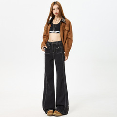黑灰撞色线微喇牛仔裤女2025秋季新款设计感口袋修身显瘦喇叭裤子