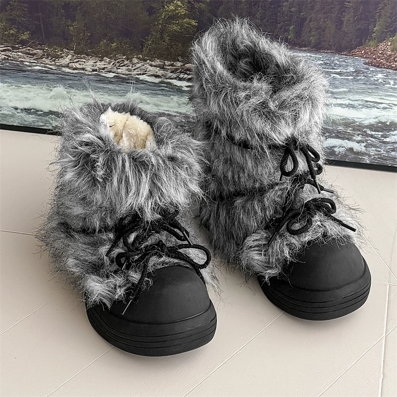 2024 новые осенние и зимние плюшевые теплые ретро длинные волосы с толстым подошвом банты повседневные круглые головы дикие толстые ботинки снега