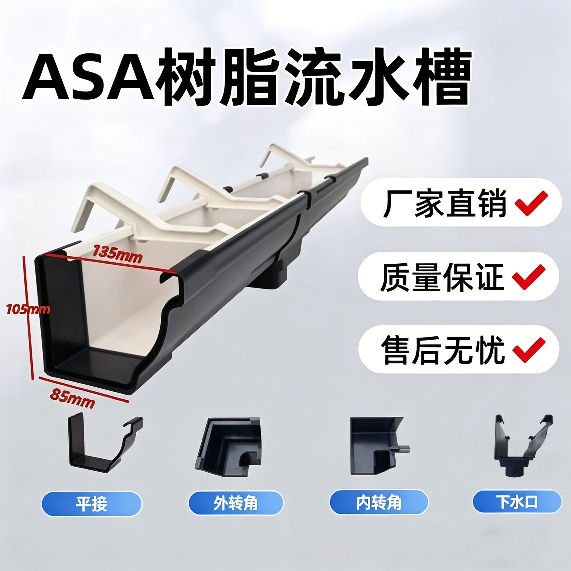 asa树脂天沟雨水槽屋檐接水槽别墅房檐沟pvc排水槽屋檐排水系统