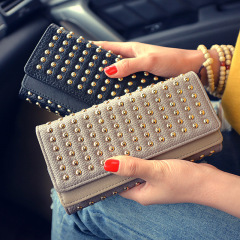 Cross-border new style women's long tri-fold wallet multi-card slot buckle clutch bag rivet multi-layer mobile phone bag card bag